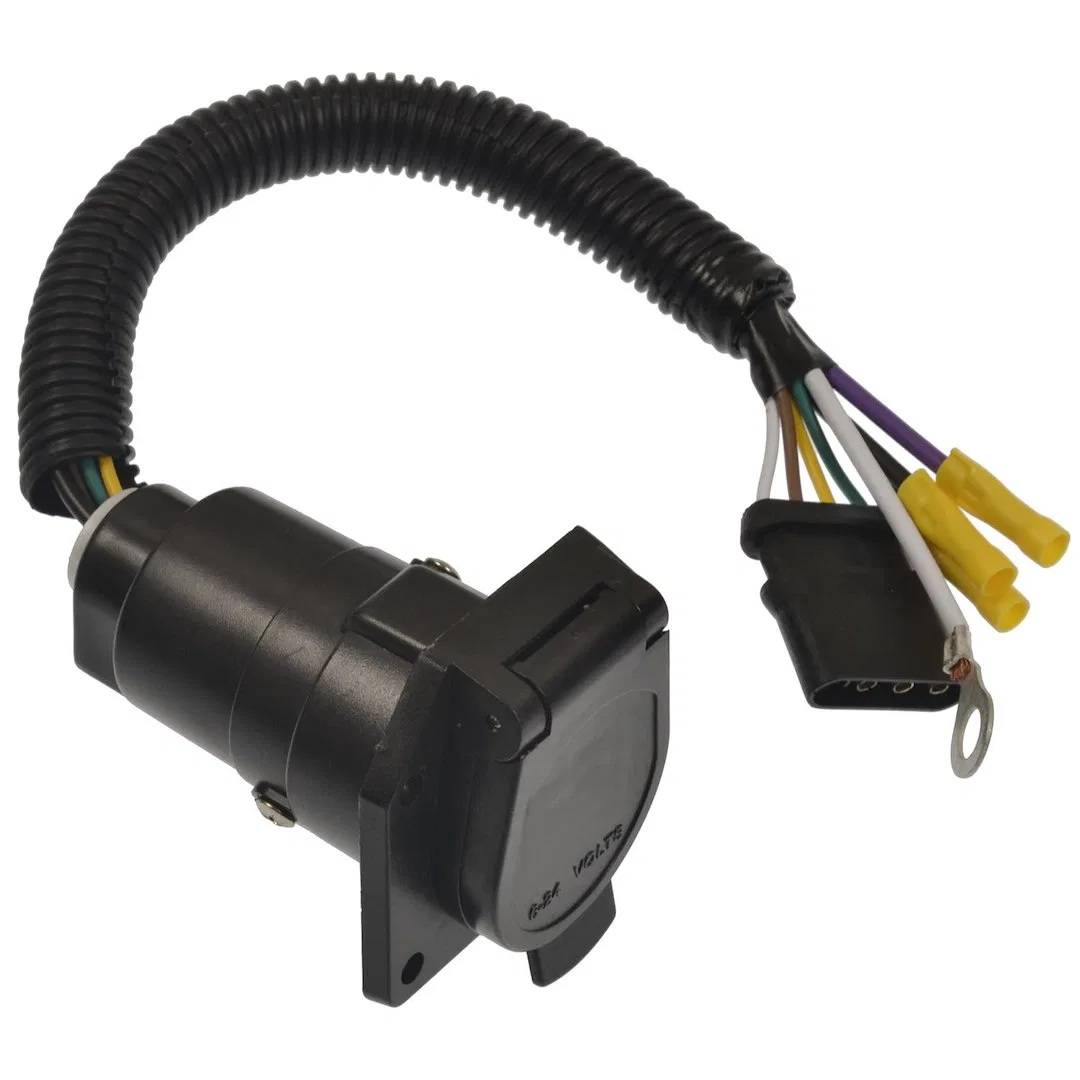 4WF-600V – POLLAK Trailer Wiring Connector Adapter, 4-Way Flat To 7-Blade Round Female To Male Black With Leads And P...